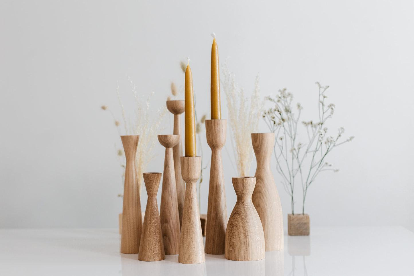 Set of 2 Wooden Taper Candle Holders, Wide,  Hand-Turned Oak